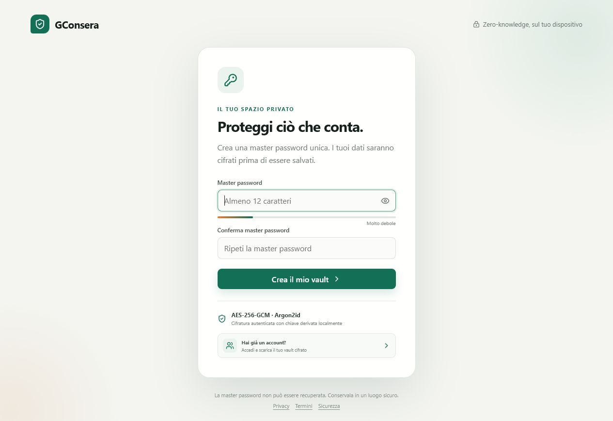Schermata del password manager GConsera Vault con protezione AES-256-GCM e Argon2id